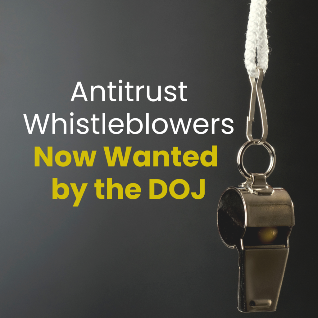 Hanging with image with text saying, "Antitrust Whistleblower Now Wanted by the DOJ."